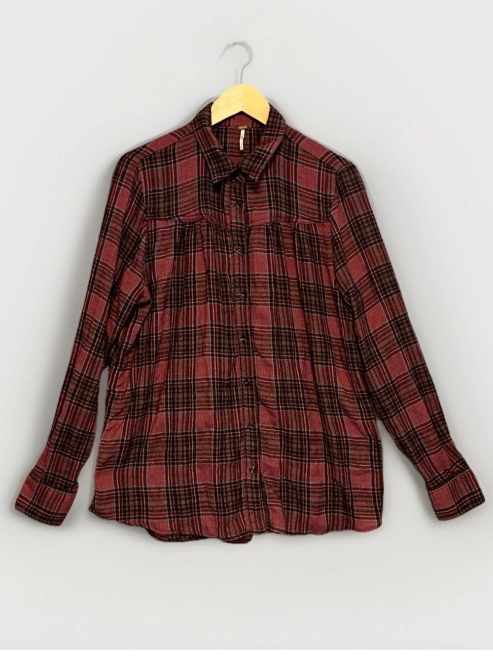 Free People Plaid Flannel Shirt Cotton Wool Blend Long Sleeve Gathered Yoke - Picture 1 of 9